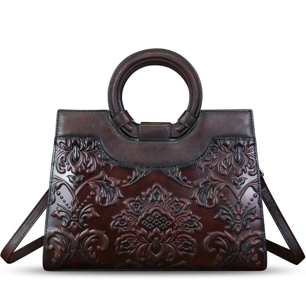Genuine Leather Satchel Purse Embossed Leather Top Handle Handbag c: